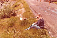 Alice by the road with ducks outside of Newport, OR trip (1978)